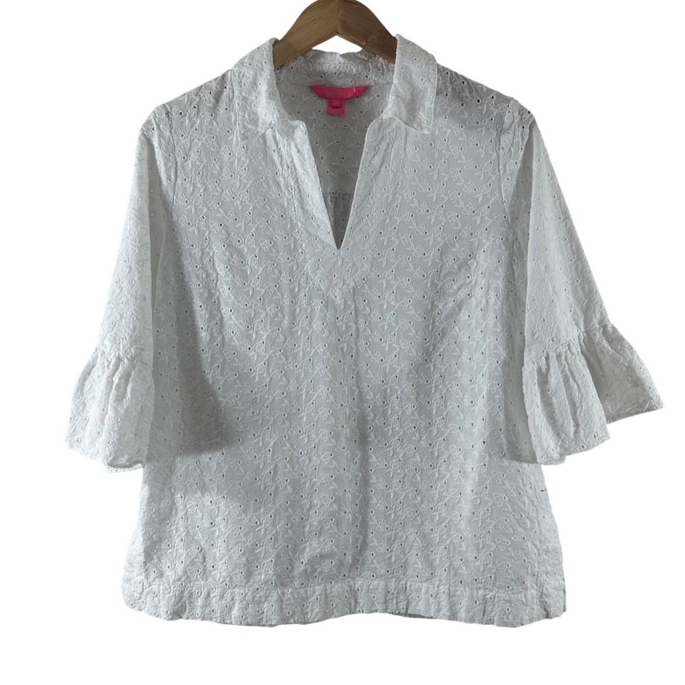 Lilly Pulitzer White Fish Eyelet Bell Sleeve V-Neck Top Womens M Cotton NWOT